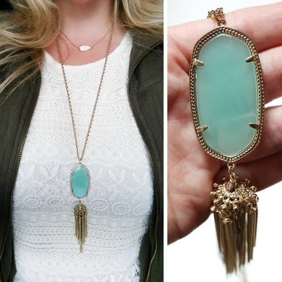 Kendra Scott Rayne 14k Gold Necklace Chalcedony Teal Stone w/ Tassel 30” - Picture 2 of 10